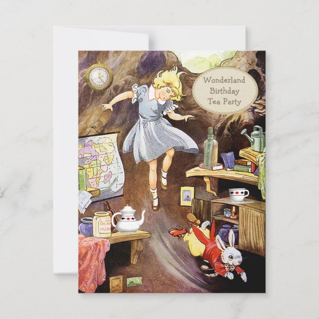 Convite Alice abaixo do tea party do aniversário do furo (Frente)