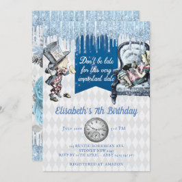 Convite Alice Azul Elegante no Partido das Maravilhas