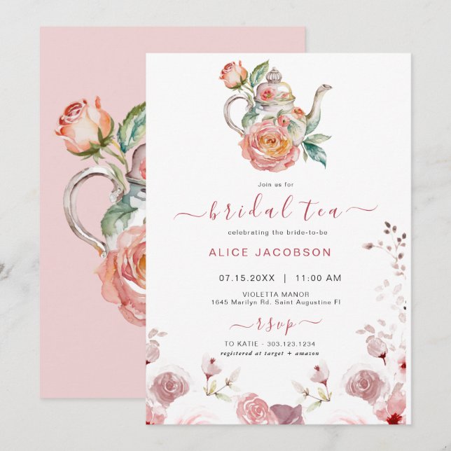 Convite ALICE Blush Floral Bridal Tea Party BrunChá (Frente/Verso)