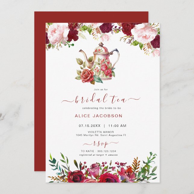 Convite ALICE Blush Floral Bridal Tea Party BrunChá (Frente/Verso)