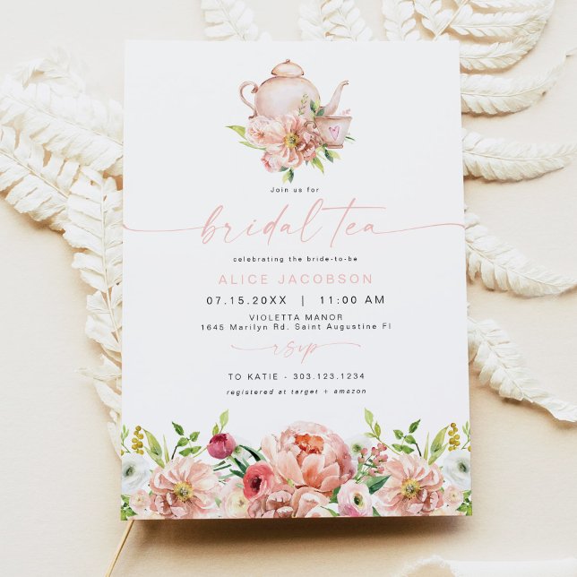 Convite ALICE Blush Floral Bridal Tea Party BrunChá (Criador carregado)