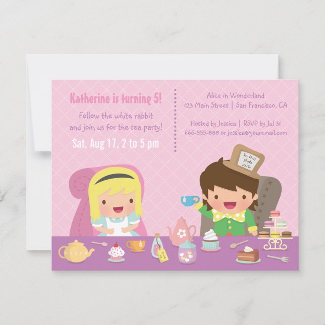 Convite Alice bonito na festa de aniversário do tea party (Frente)