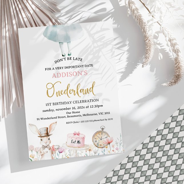 Convite Alice Floral no primeiro aniversario de Onederland (Alice Onederland 1st Birhday Invitation baby Girl Invitation, Girls Onederland 1st Birthday Invite)