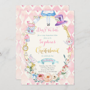 Convite Alice Floral Rosa Em Uma Festa De Aniversário Do T