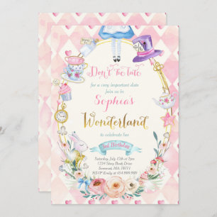 Convite Alice Floral Rosa No País Das Maravilhas, Festa De