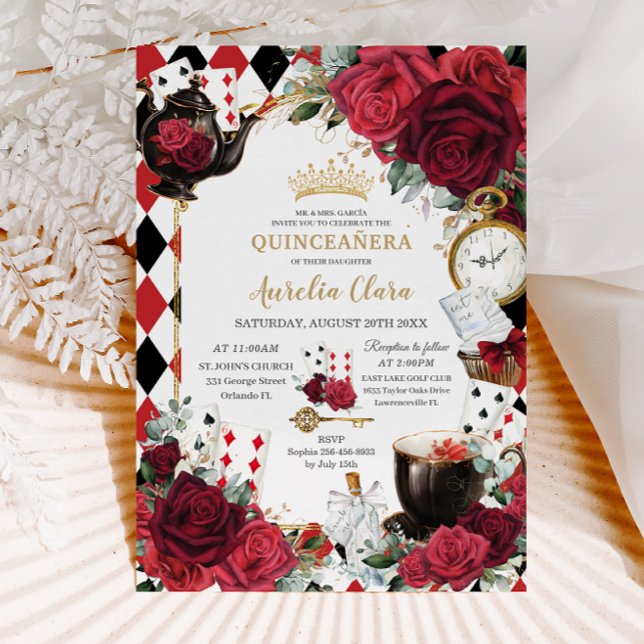 Convite Alice Floral rosa vermelha em Wonderland Quinceañe (Criador carregado)