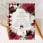 Convite Alice Floral rosa vermelha em Wonderland Quinceañe<br><div class="desc">Personalize este adorável convite da quinceañera com uma redação simples e rápida,  basta pressionar o botão personalizá-lo para reorganizar e formatar o estilo e a colocação do texto. Itens correspondentes disponíveis no repositório! c) O Feliz Cat Studio</div>