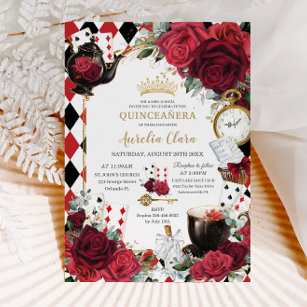 Convite Alice Floral rosa vermelha em Wonderland Quinceañe