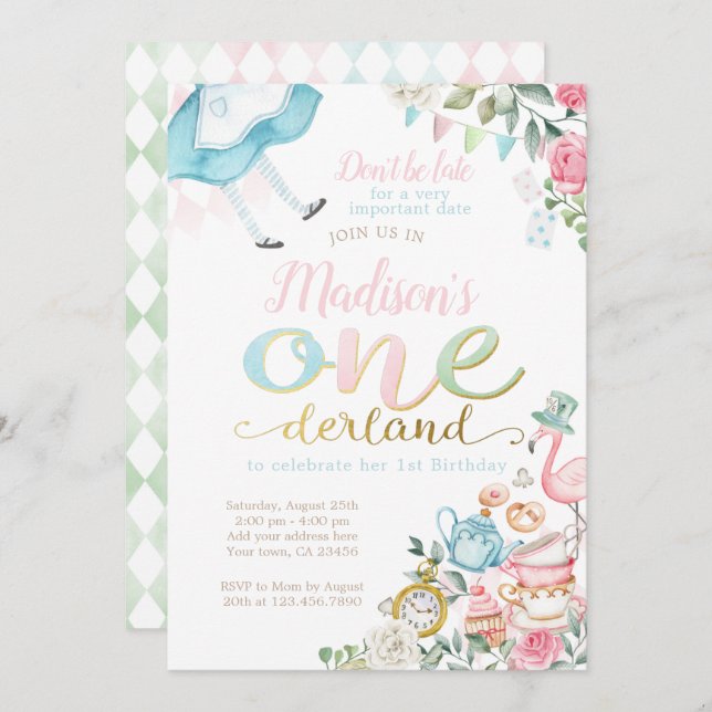 Convite Alice in ONEderland 1st Birthday (Frente/Verso)