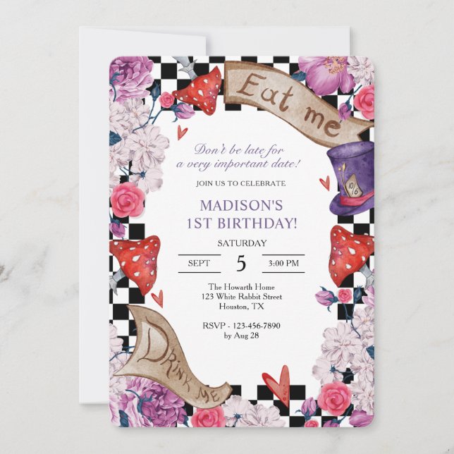 Convite Alice in Wonderland Festa de aniversário (Frente)