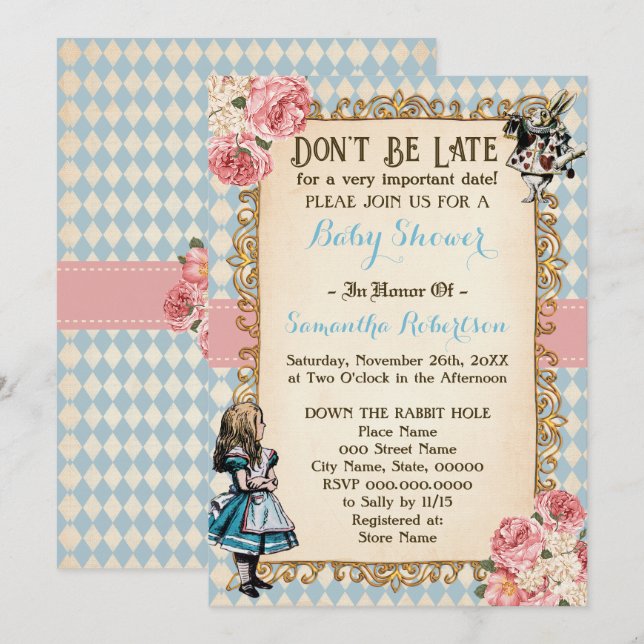 Convite Alice in Wonderland Pink Flowers Baby Shower (Frente/Verso)