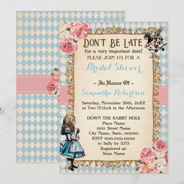 Convite Alice in Wonderland Pink Flowers Bridal Shower (Frente/Verso)