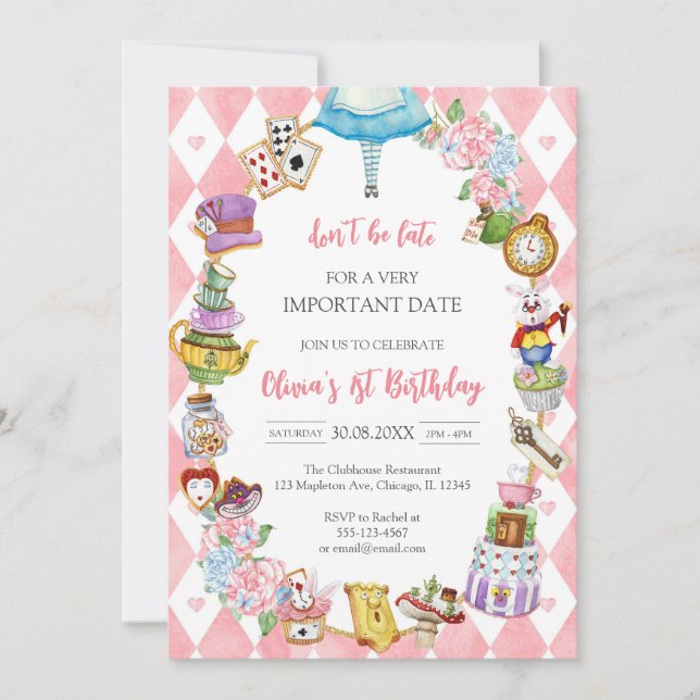 Convite Alice in Wonderland Tea Party Birthday Invitation (Frente)