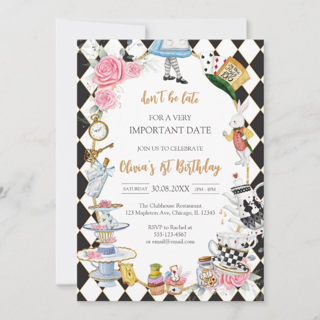 Convite Alice in Wonderland Tea Party Birthday Invitation (Frente)