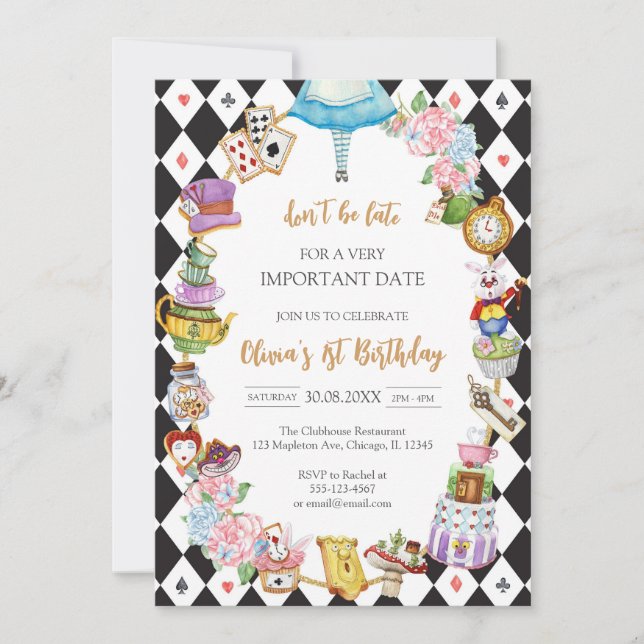 Convite Alice in Wonderland Tea Party Birthday Invitation (Frente)