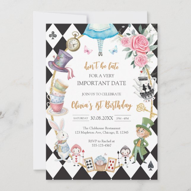 Convite Alice in Wonderland Tea Party Birthday Invitation (Frente)