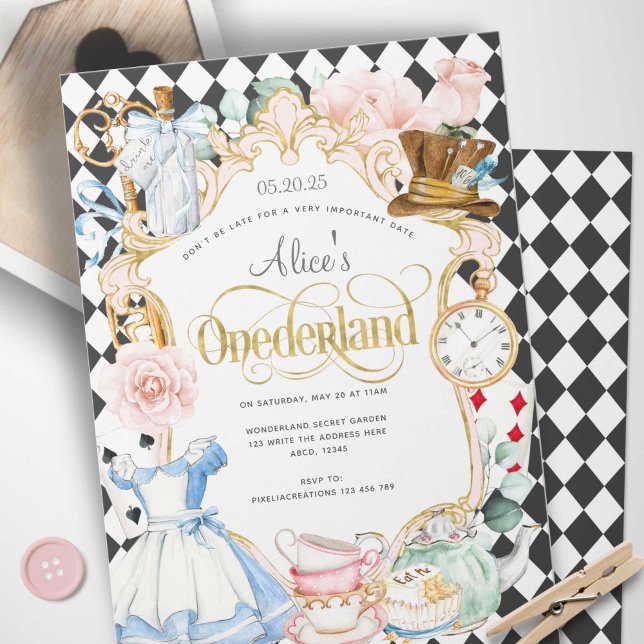 Convite Alice mad hatter maravilha da terra primeiro anive (Alice Onederland, Girl 1st birthday invitation.)