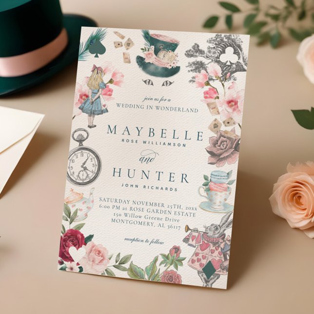 Convite Alice no Casamento Imísico de Alice no País das Ma (Fairytale Alice in Wonderland Whimsical Wedding Invitation)