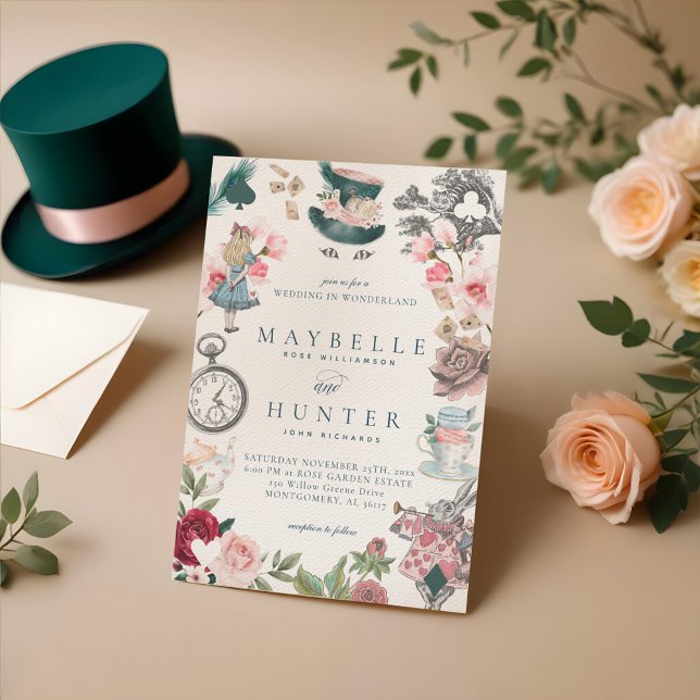 Convite Alice no Casamento Imísico de Alice no País das Ma (Fairytale Alice in Wonderland Whimsical Wedding Invitation)
