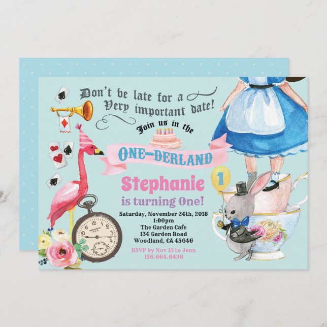 Convite Alice no chá de aniversário ONEderland azul (Frente/Verso)