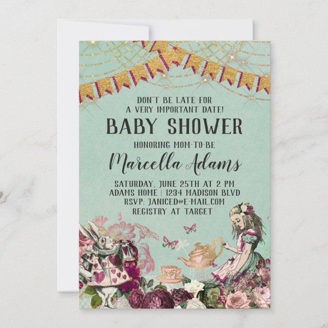 Convite Alice no Chá de fraldas da Terra Maravilha (Frente)