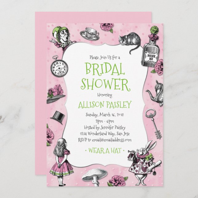 Convite Alice no Chá de panela Rosa e Verde da Maravilha (Frente/Verso)