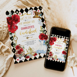 Convite Alice no Chá Rosa vermelha de Onederland