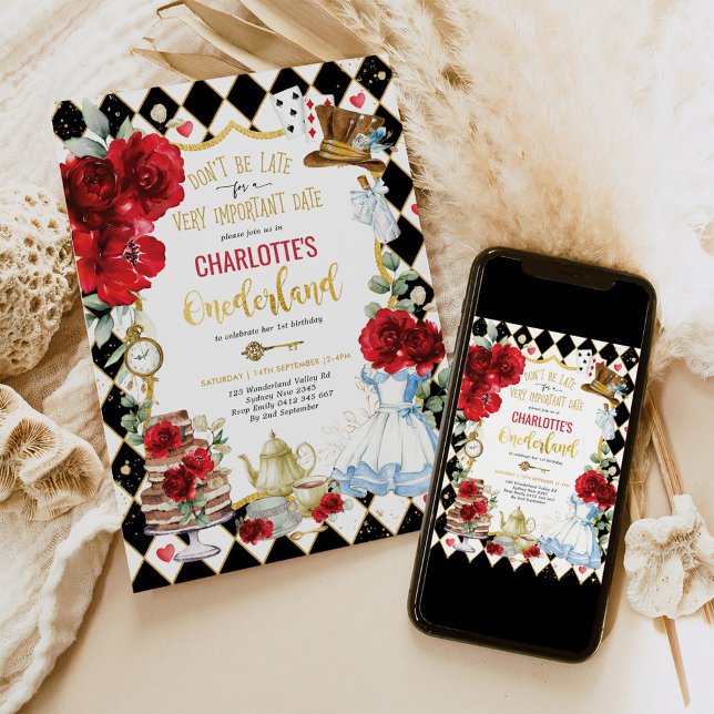 Convite Alice no Chá Rosa vermelha de Onederland (Criador carregado)
