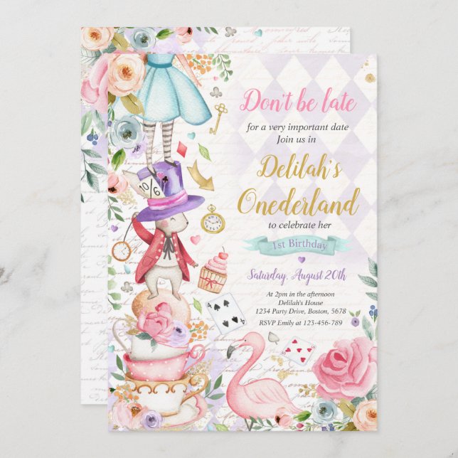 Convite Alice No OneDerland Birthday Whimsical Tea Party (Frente/Verso)