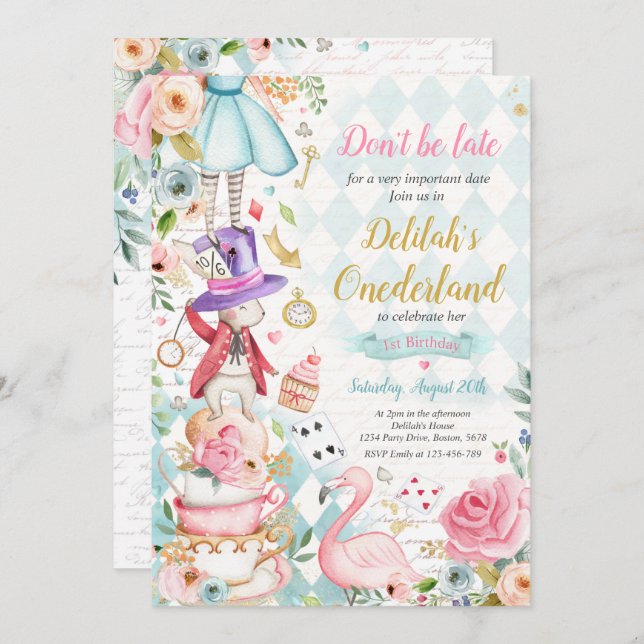Convite Alice No OneDerland Birthday Whimsical Tea Party (Frente/Verso)