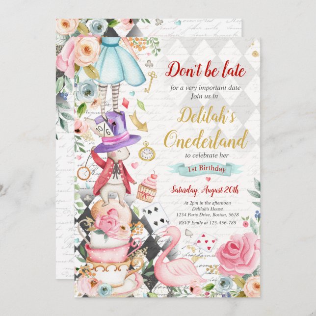 Convite Alice No OneDerland Birthday Whimsical Tea Party (Frente/Verso)