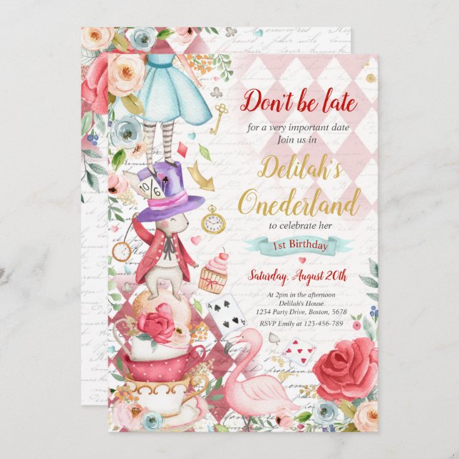 Convite Alice No OneDerland Birthday Whimsical Tea Party (Frente/Verso)