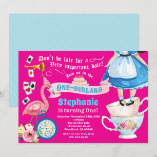 Convite Alice no ONEderland faz festa de chá rosa-quente