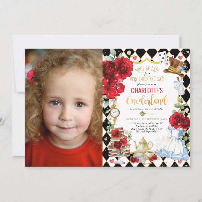 Convite Alice no Onederland Mad Hatter Tea (Frente)