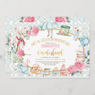 Convite Alice no país da festa do chá de aniversário rosa