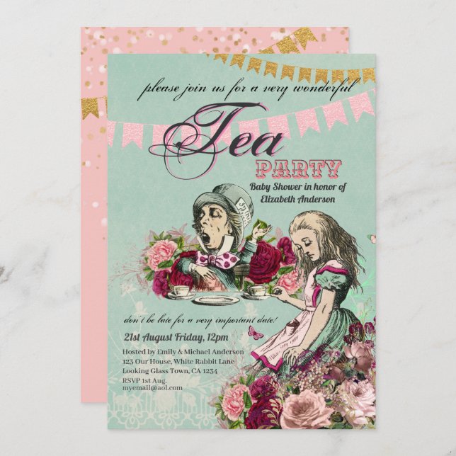 Convite Alice No País das Maravilhas Baby Shower MadHatter (Frente/Verso)