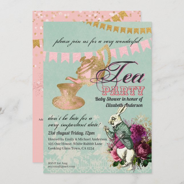 Convite Alice No País das Maravilhas Baby Shower MadHatter (Frente/Verso)