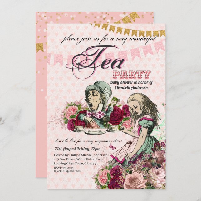 Convite Alice No País das Maravilhas Baby Shower MadHatter (Frente/Verso)