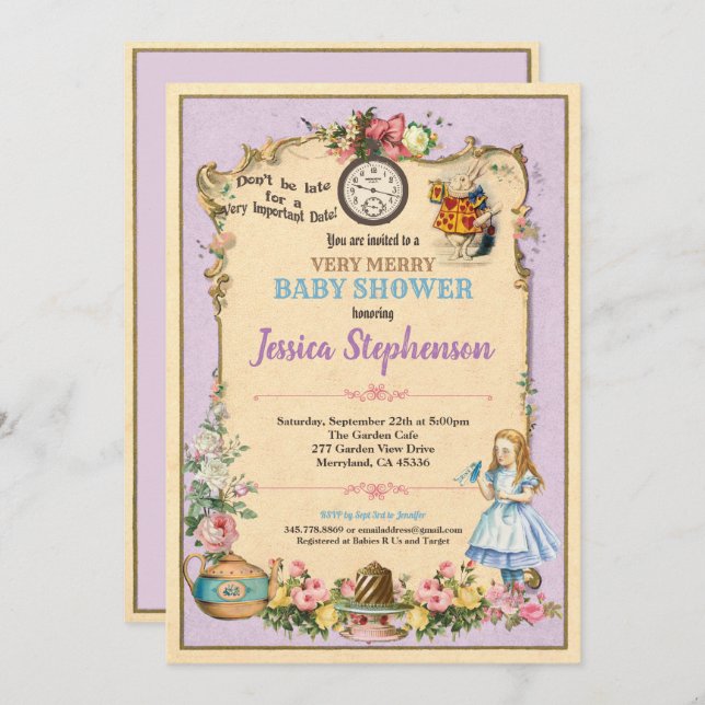 Convite Alice no País das Maravilhas, chá de fraldas de co (Frente/Verso)