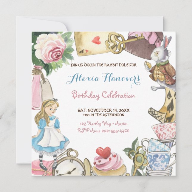 Convite Alice no País das Maravilhas Coelho Pintado com Aq (Frente)