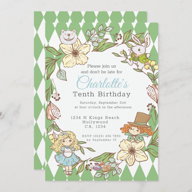 Convite Alice no País das Maravilhas do Partido Personaliz (Frente/Verso)