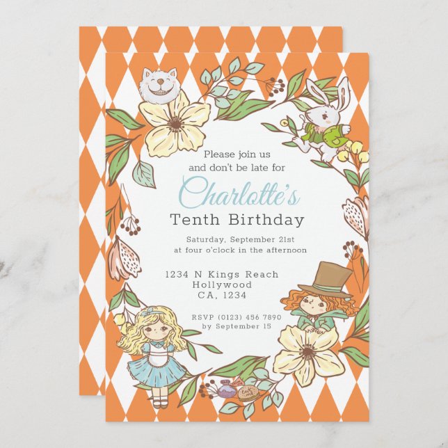 Convite Alice no País das Maravilhas do Partido Personaliz (Frente/Verso)