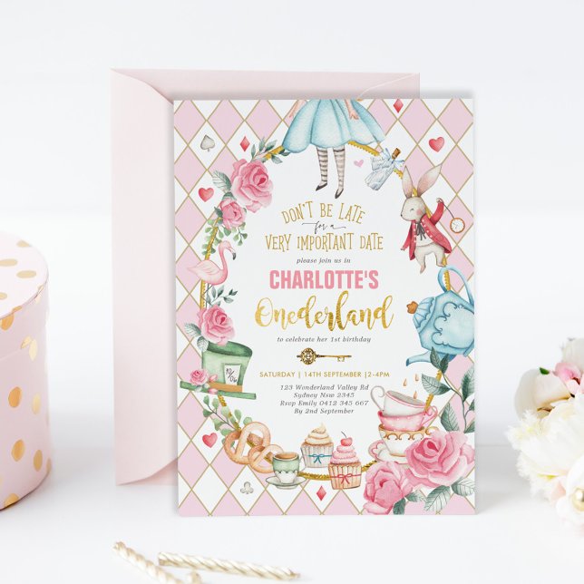 Convite Alice no País das Maravilhas do primeiro aniversar (Criador carregado)