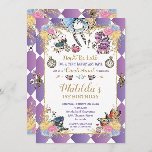 Convite Alice no País das Maravilhas do primeiro aniversar (Frente/Verso)