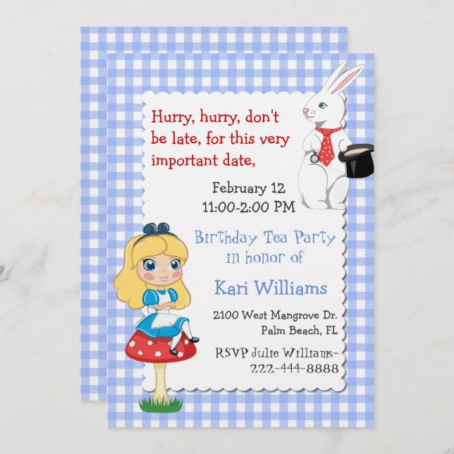 Convite Alice No País das Maravilhas, Festa De Aniversário (Frente/Verso)