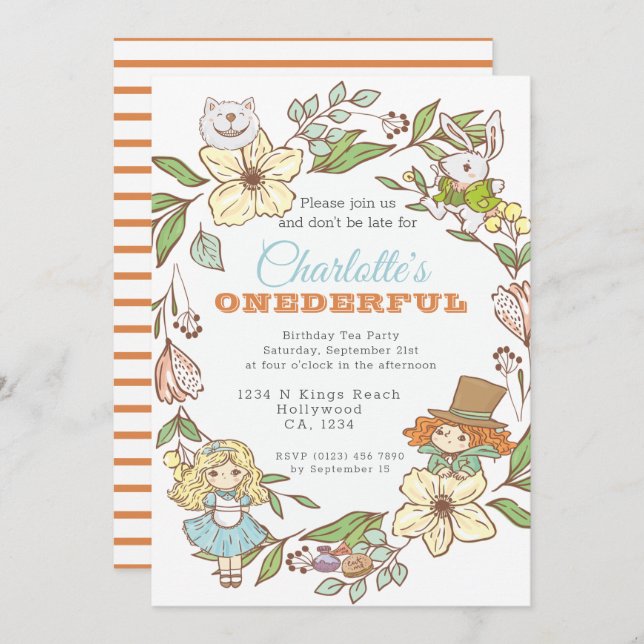 Convite Alice no País das Maravilhas Primeiro Aniversário (Frente/Verso)