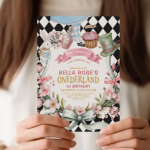 Convite Alice no País das Maravilhas Quadro de Flores 1º