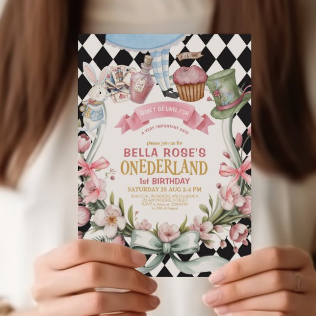 Convite Alice no País das Maravilhas Quadro de Flores  1º  (Criador carregado)