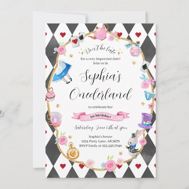 Convite Alice no primeiro aniversario de Onederland Black (Frente)
