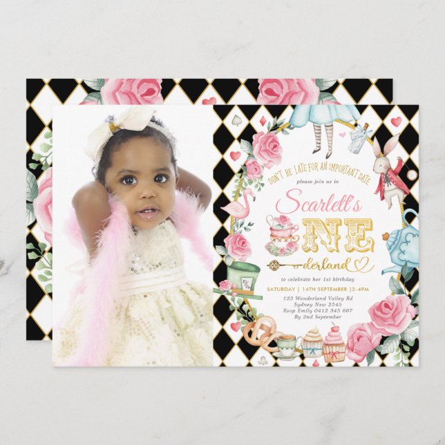 Convite Alice no primeiro aniversario do ONEderland Mad Te (Frente/Verso)